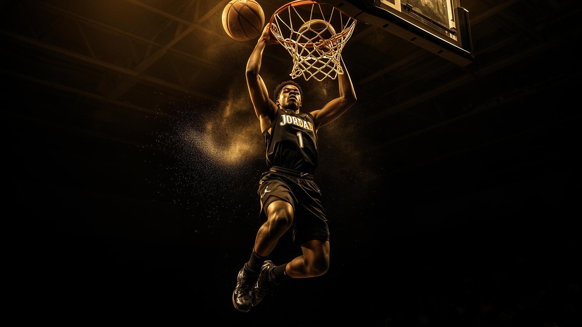 Basketball player rising for a dunk in dramatic gym lighting